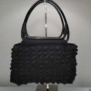 Top Handle Tote Bag Macrame Retro Medium Black Swiss Dot Festival‎ Whimsigoth
